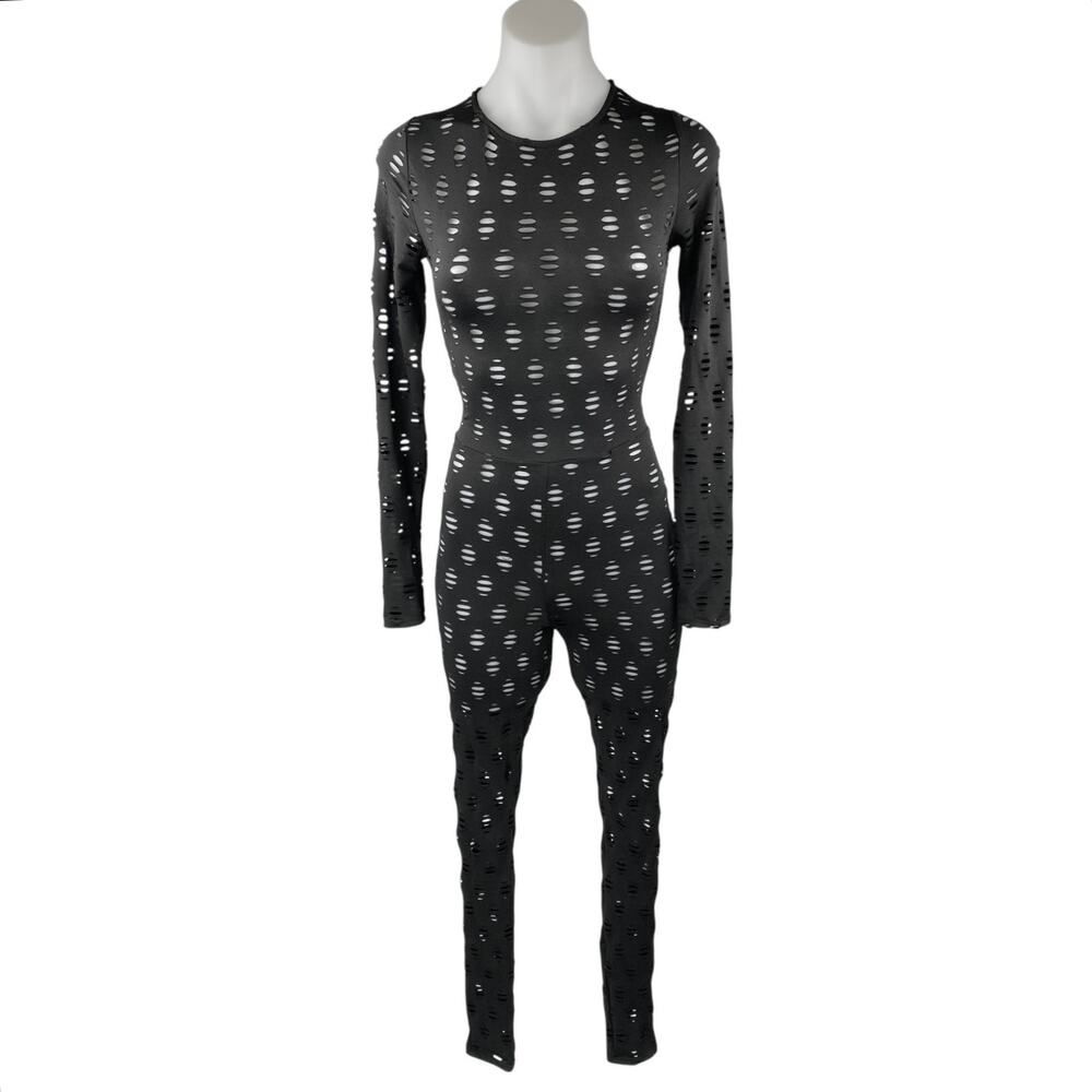 Women's Black Eyelet Stretch Long Sleeve Crew Neck Fitted Skinny Jumpsuit Size S